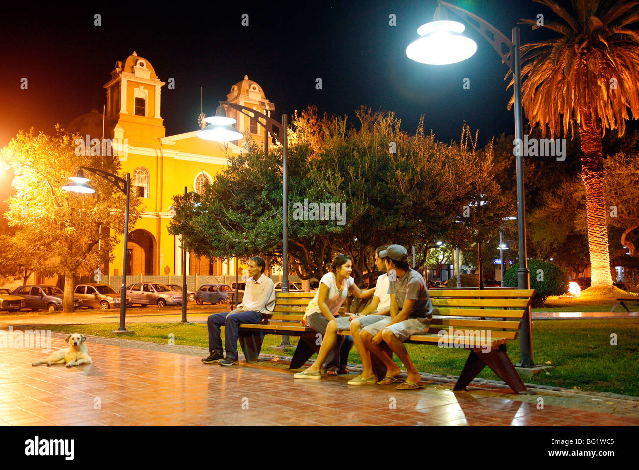 People sitting at the main Plaza in Lujan De Cuyo, Mendoza region, Argentina, South America Stock Photo