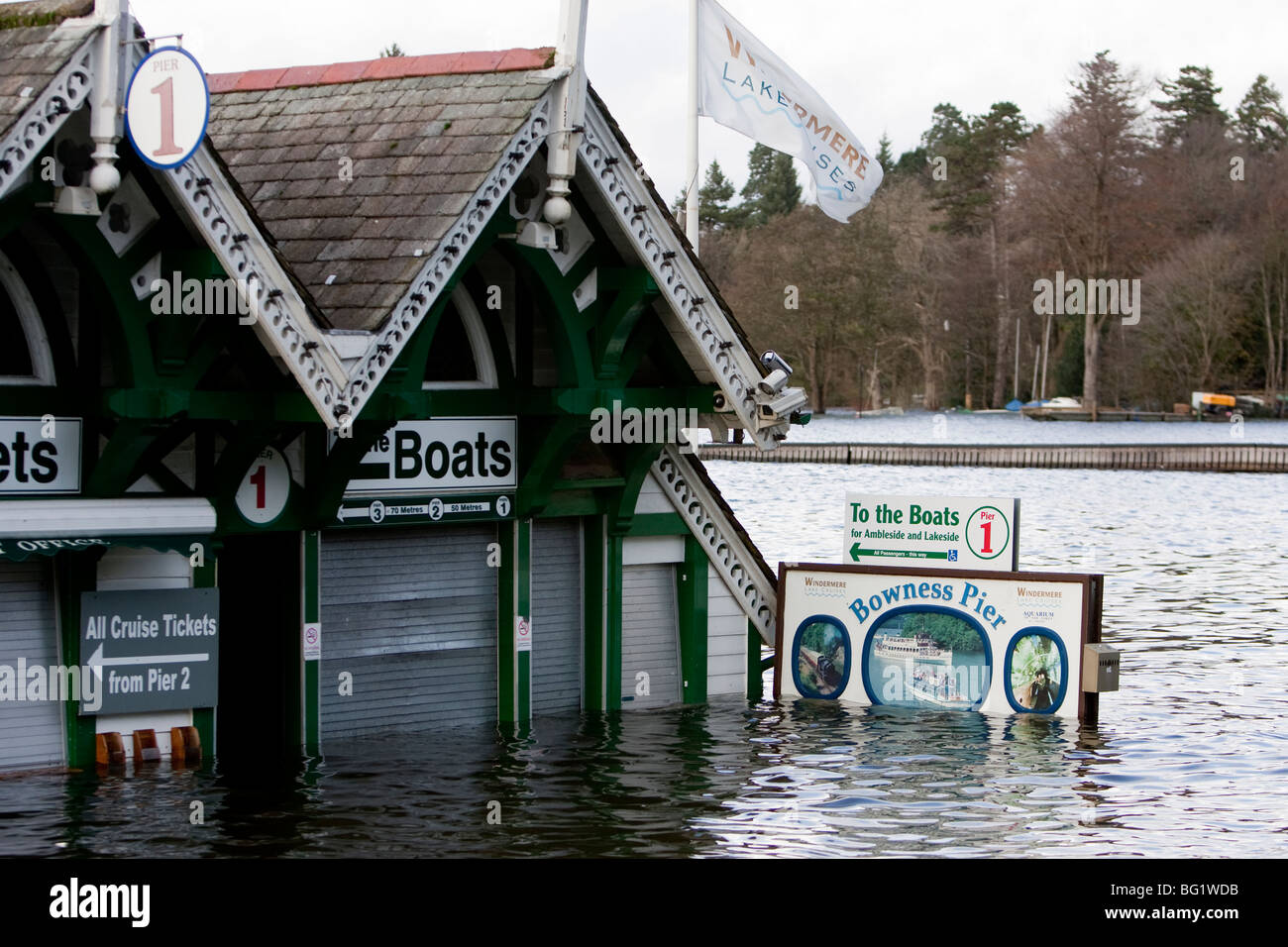 Bowness On Windermere promenade under water due to flooding November