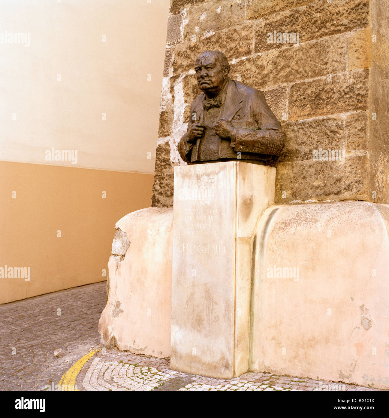 World Travel. Winston Churchill bust in Mala Strana Lesser Town in the ancient city of Prague in the Czech Republic in Eastern Europe. Culture History Stock Photo