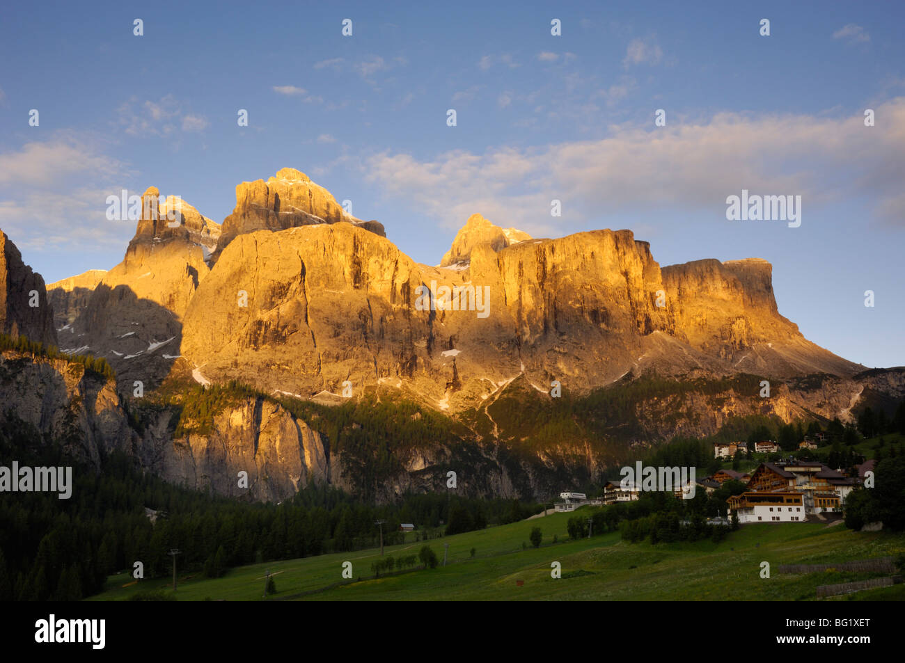 Sella Gruppe and Colfosco at dawn, Dolomites, Italy, Europe Stock Photo