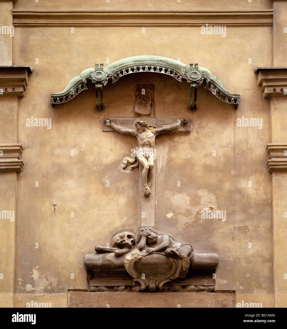 World Travel. Christian cross in the ancient city of Prague in the Czech Republic in Eastern Europe. Culture History Traveller Wanderlust Stock Photo