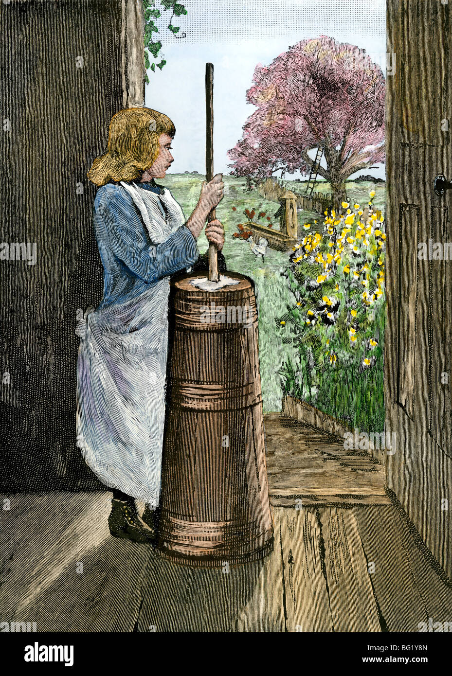 Farm girl working a churn on a spring morning. Hand-colored woodcut Stock Photo