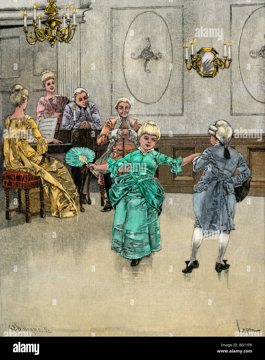 Colonial children learning to dance the minuet. Hand-colored woodcut Stock Photo