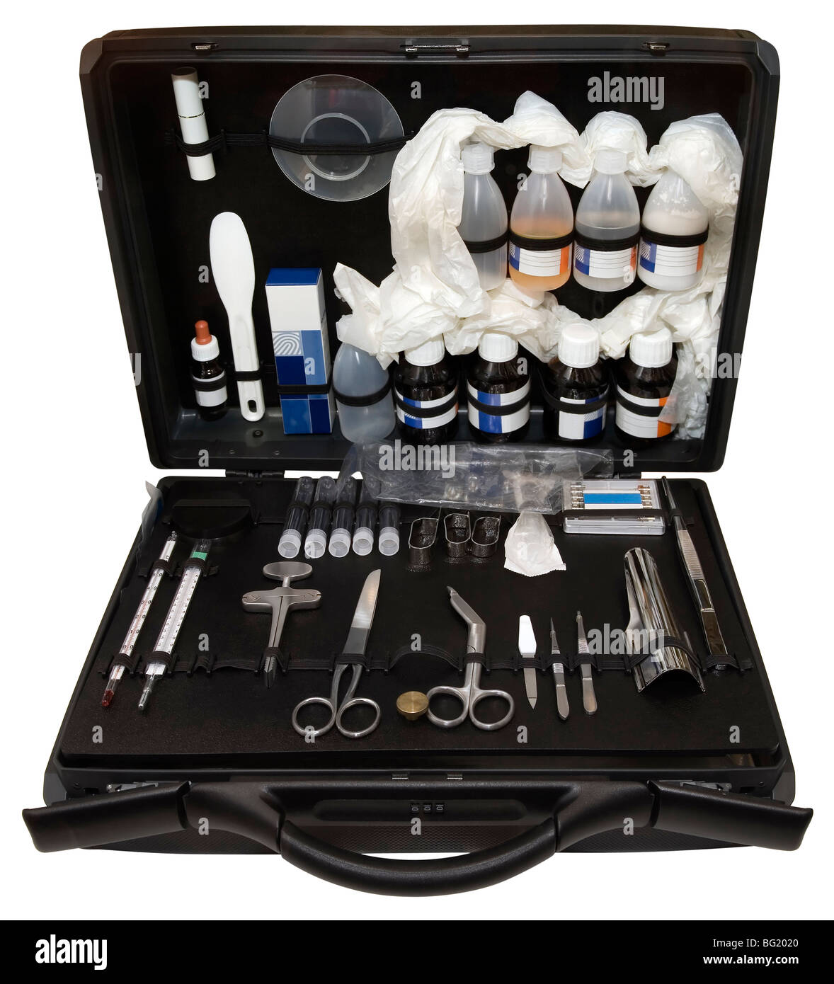 Portable police forensic laboratory in suitcase isolated with clipping