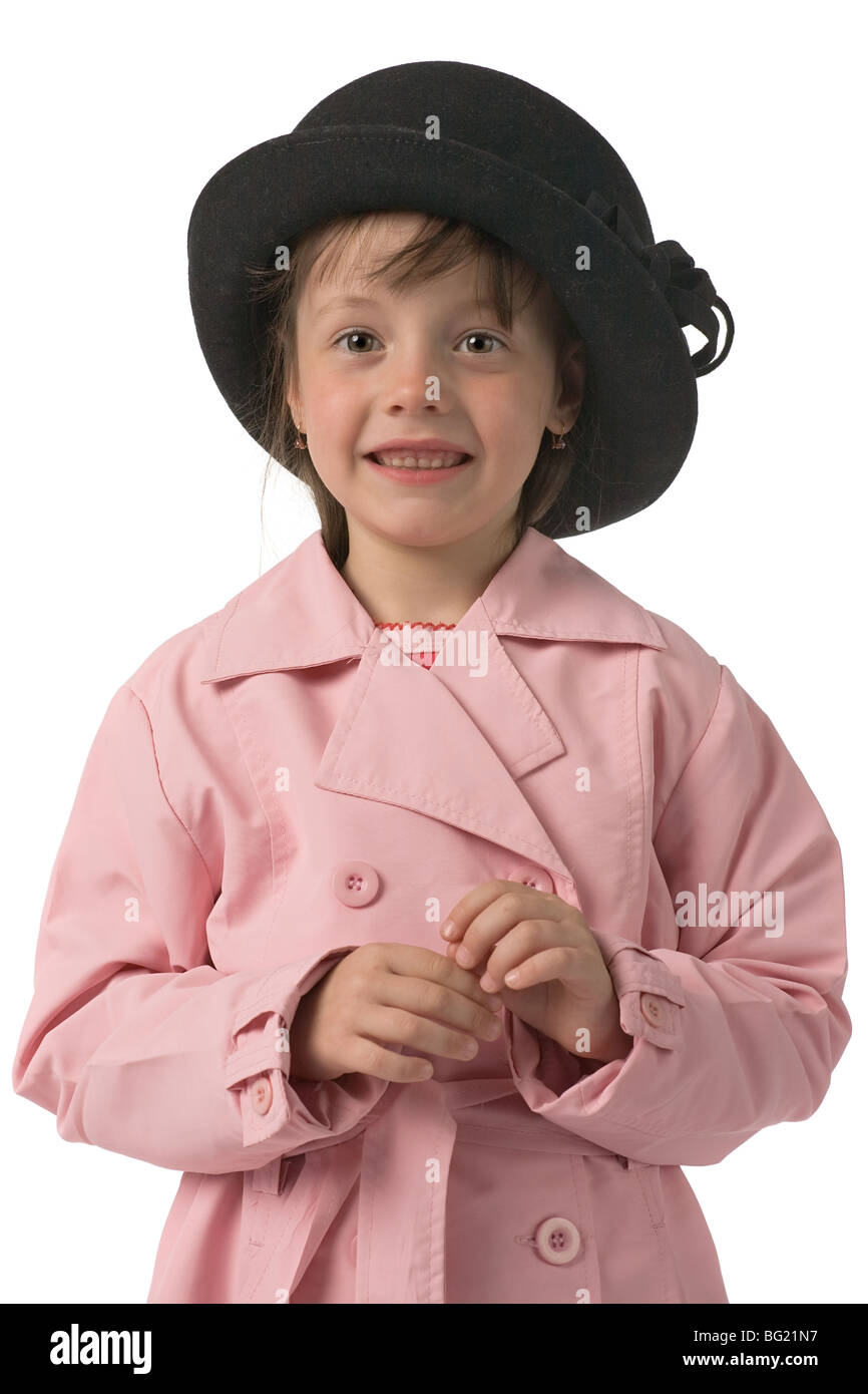beautiful smiling little girl in big black hat and pink trendy jacket ...