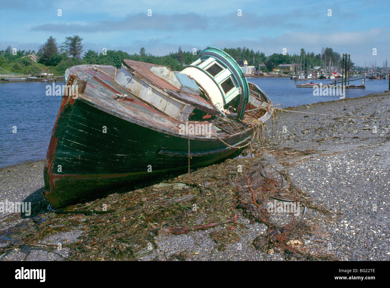 Haida Gwaii (Queen Charlotte Islands), Northern BC, British Columbia, Canada - Shipwreck on Beach, Masset Harbour, Graham Island Stock Photo