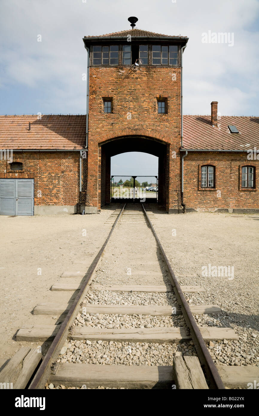 Railway lines leading inside from the main entrance at Birkenau ...