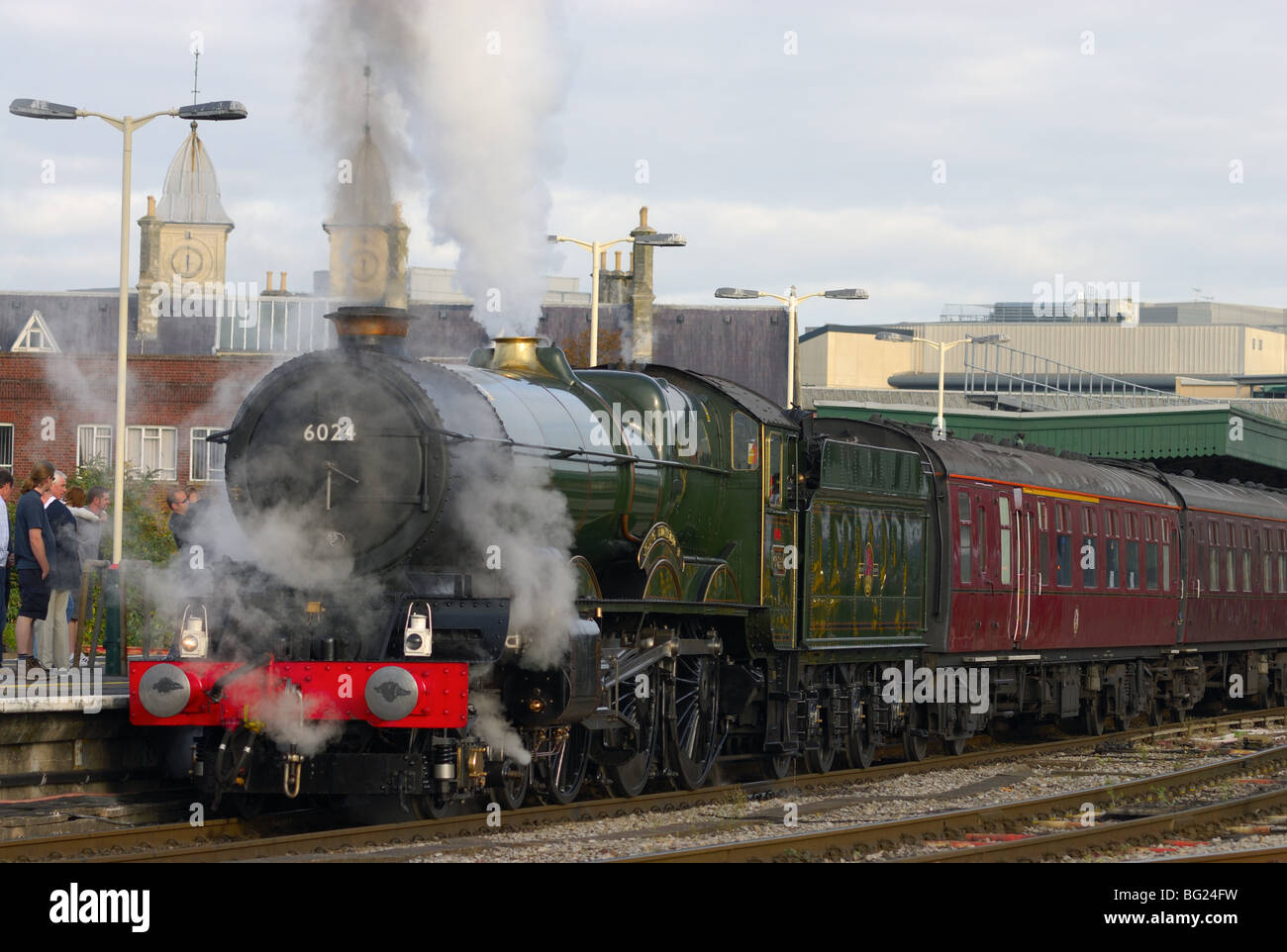 Steam locomotive standing at Temple Meads Bristol railway station ready to pull away with a steam special to Torbay . Stock Photo