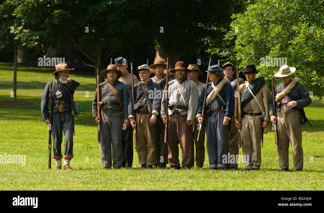 Confederate soldiers drill in the field. Stock Photo