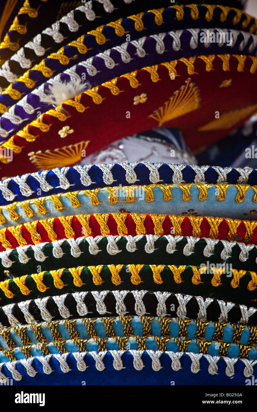 Stack of souvenir sombreros in a shop in Mexico City Stock Photo