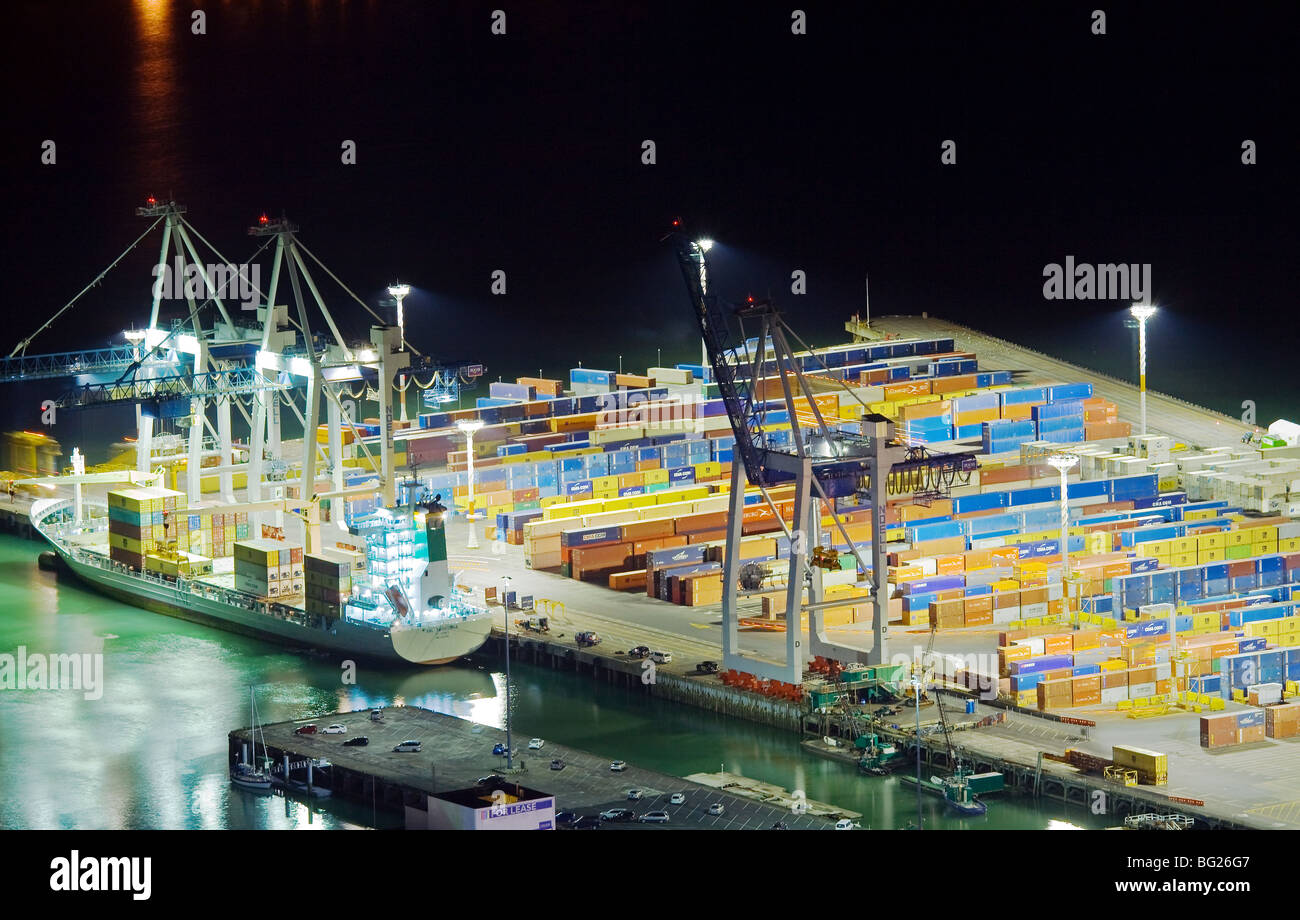Cargo Containers at the Port of Auckland. New Zealand, North Island, Auckland. Stock Photo