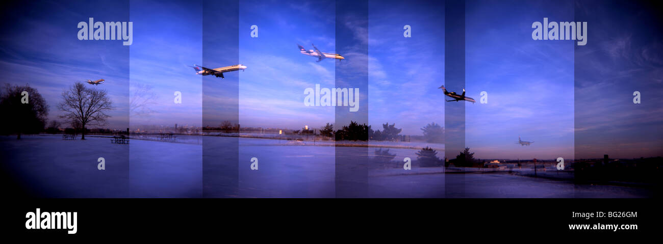 A panoramic view of commercial aircraft landing at Reagan National Airport.  Stock Photo
