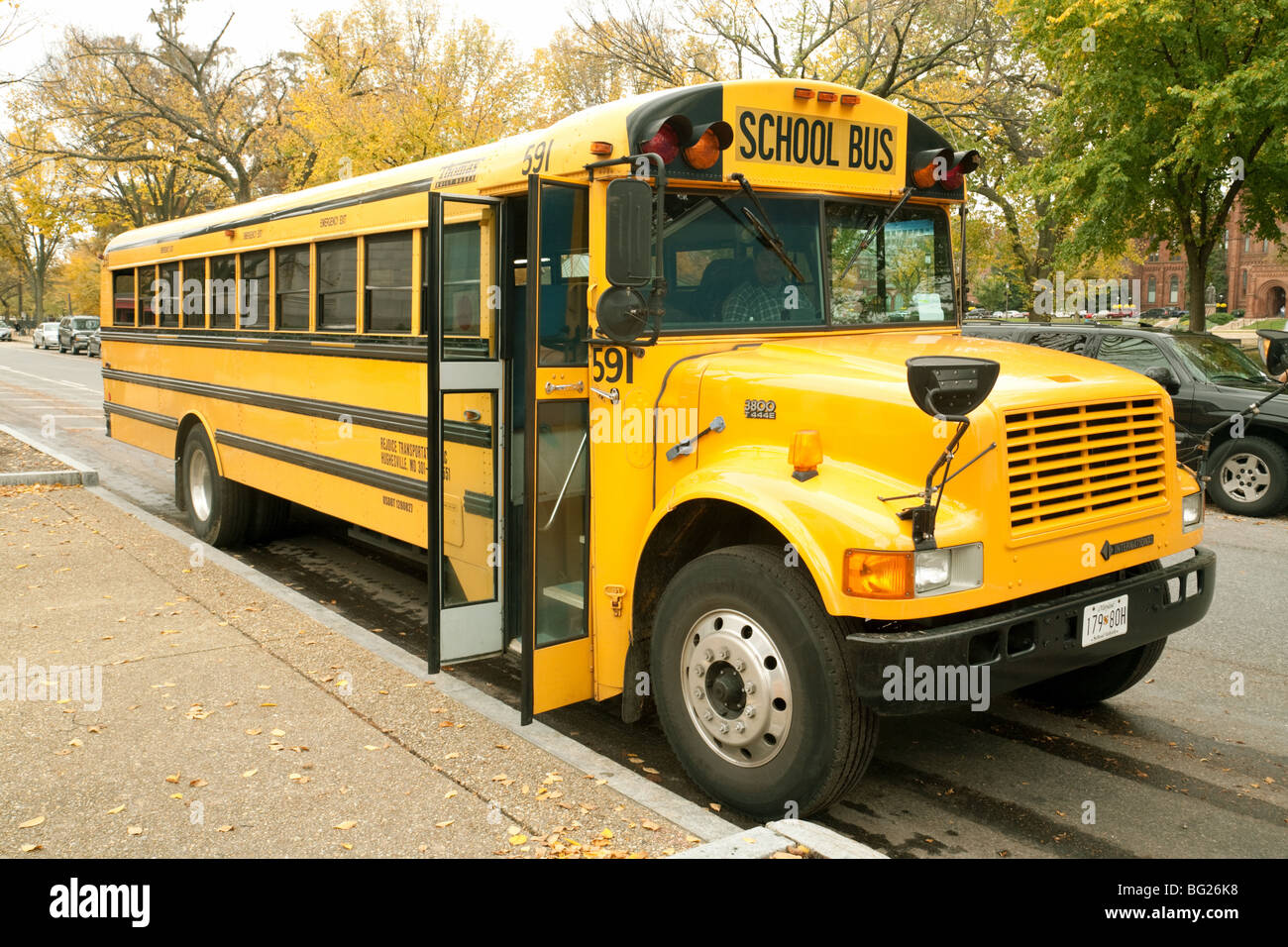 A Yellow American School Bus, Washington DC USA Stock Photo