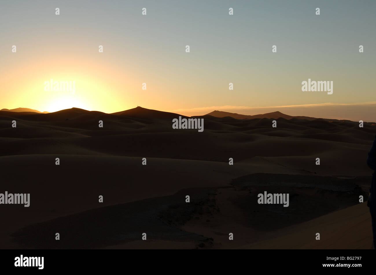 Dawn in Sahara desert Merzouga Stock Photo