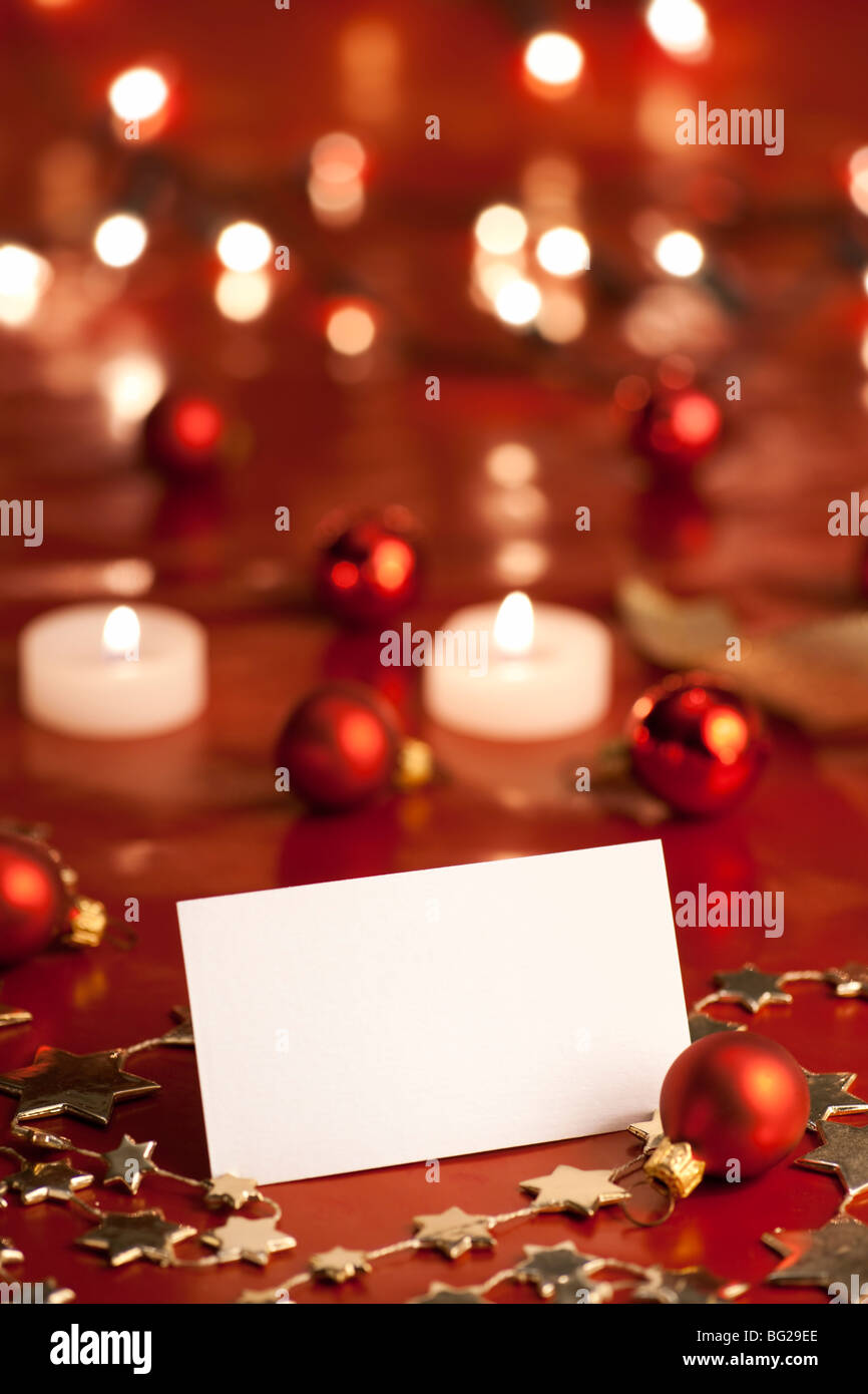 Christmas decoration with blank card. Selective focus, aRGB. Stock Photo