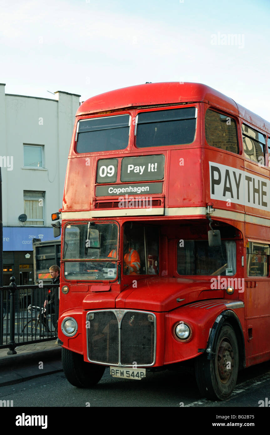 Climate Change Red bus showing it's destination as Copenhagen London England UK Stock Photo