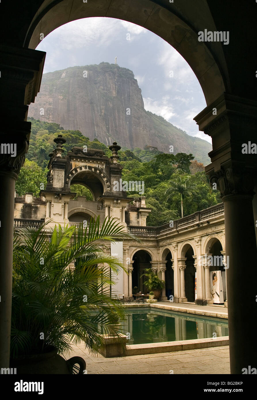View of Christ the Redeemer from inside Park Lage in Rio de Janeiro. Brazil. Stock Photo