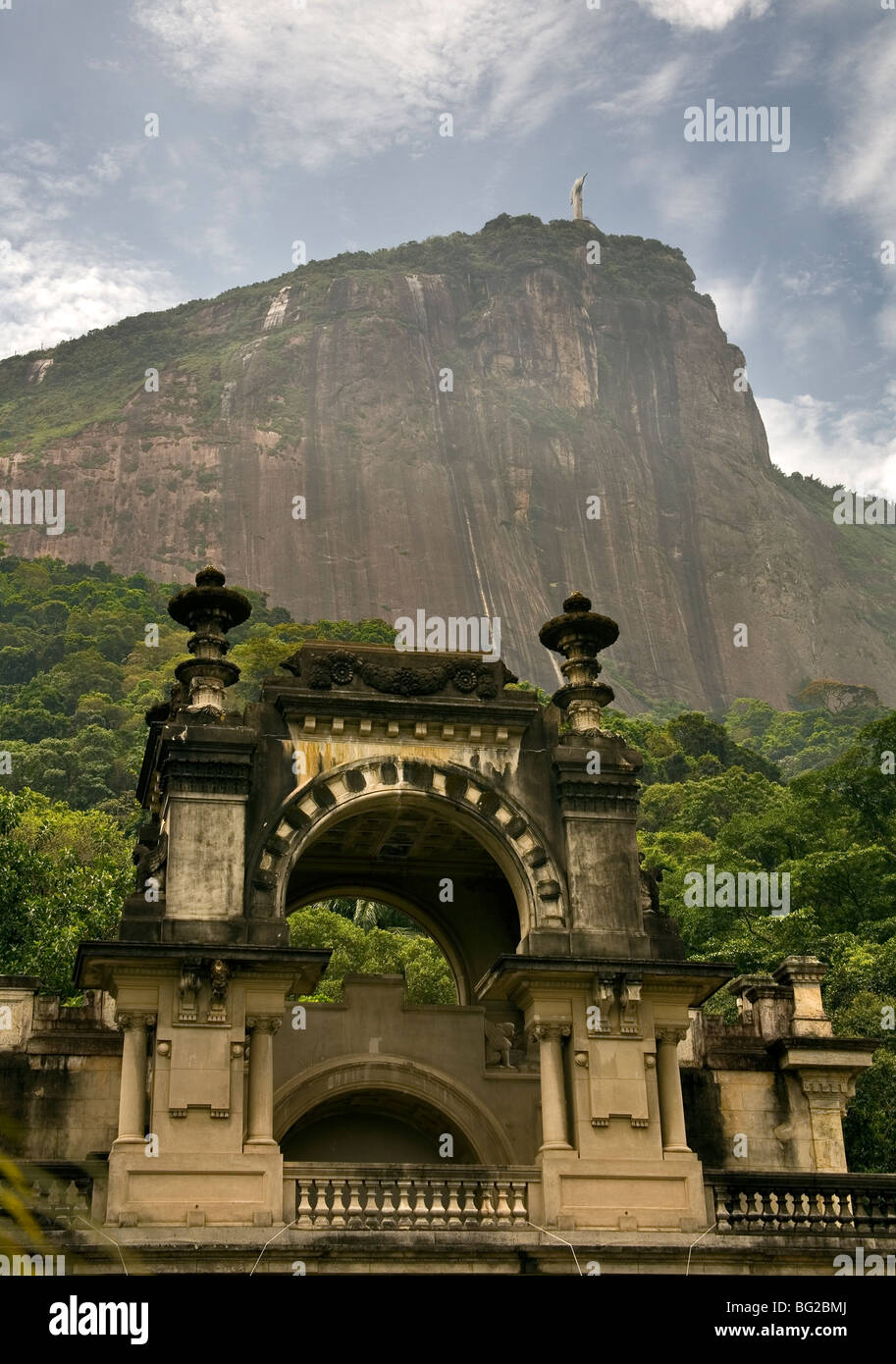 View of Christ the Redeemer from inside Park Lage in Rio de Janeiro. Brazil. Stock Photo