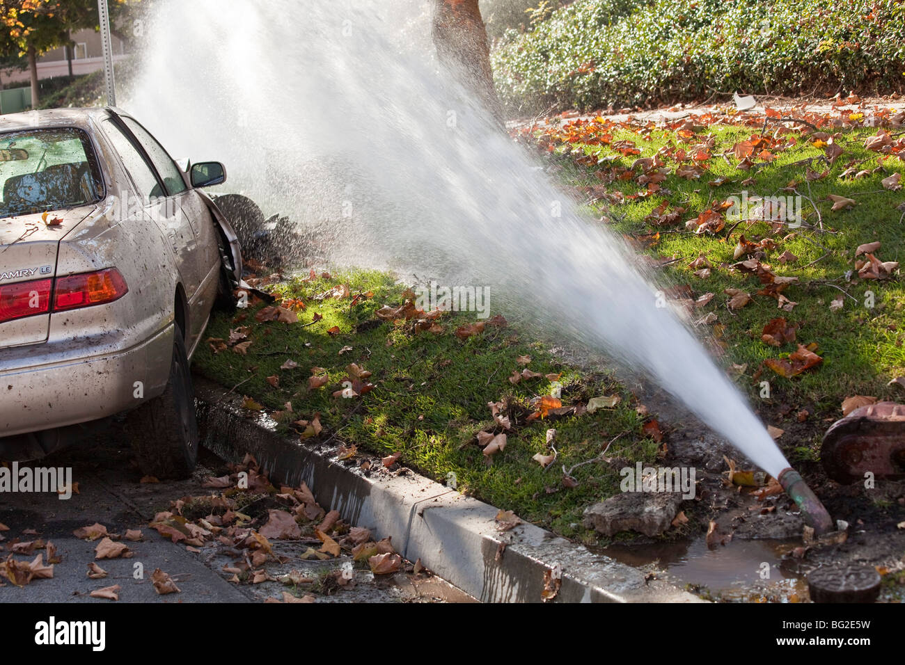 Woman driving Toyota Camry ran into lamppost & then onto an irrigation pump in Rancho Santa Margarita, CA. © Myrleen Pearson Stock Photo