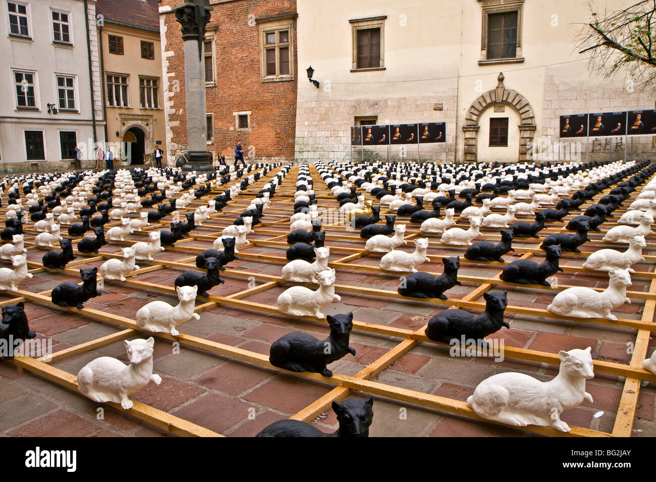 Artistic display of cats on timber trestles in central Krakow by the ...
