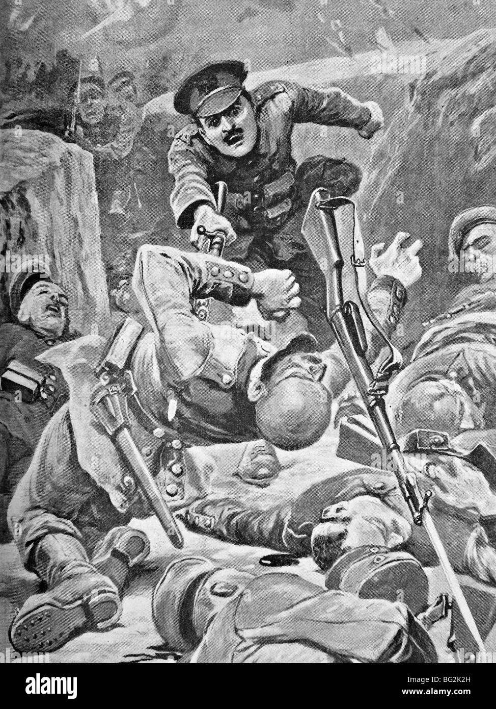 Contemporary WW1 illustration of British soldier storming a German trench in the 1915 Battle of Loos - an action that won a DCM. Stock Photo