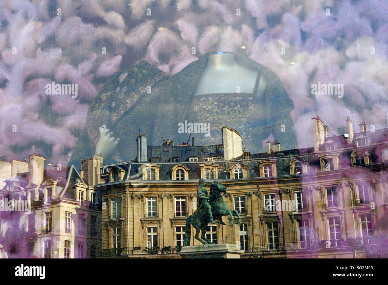Paris. France. Reflection of equestrian statue of Louis XIV Place des Victoires. 1st/2nd Arrondissements Stock Photo