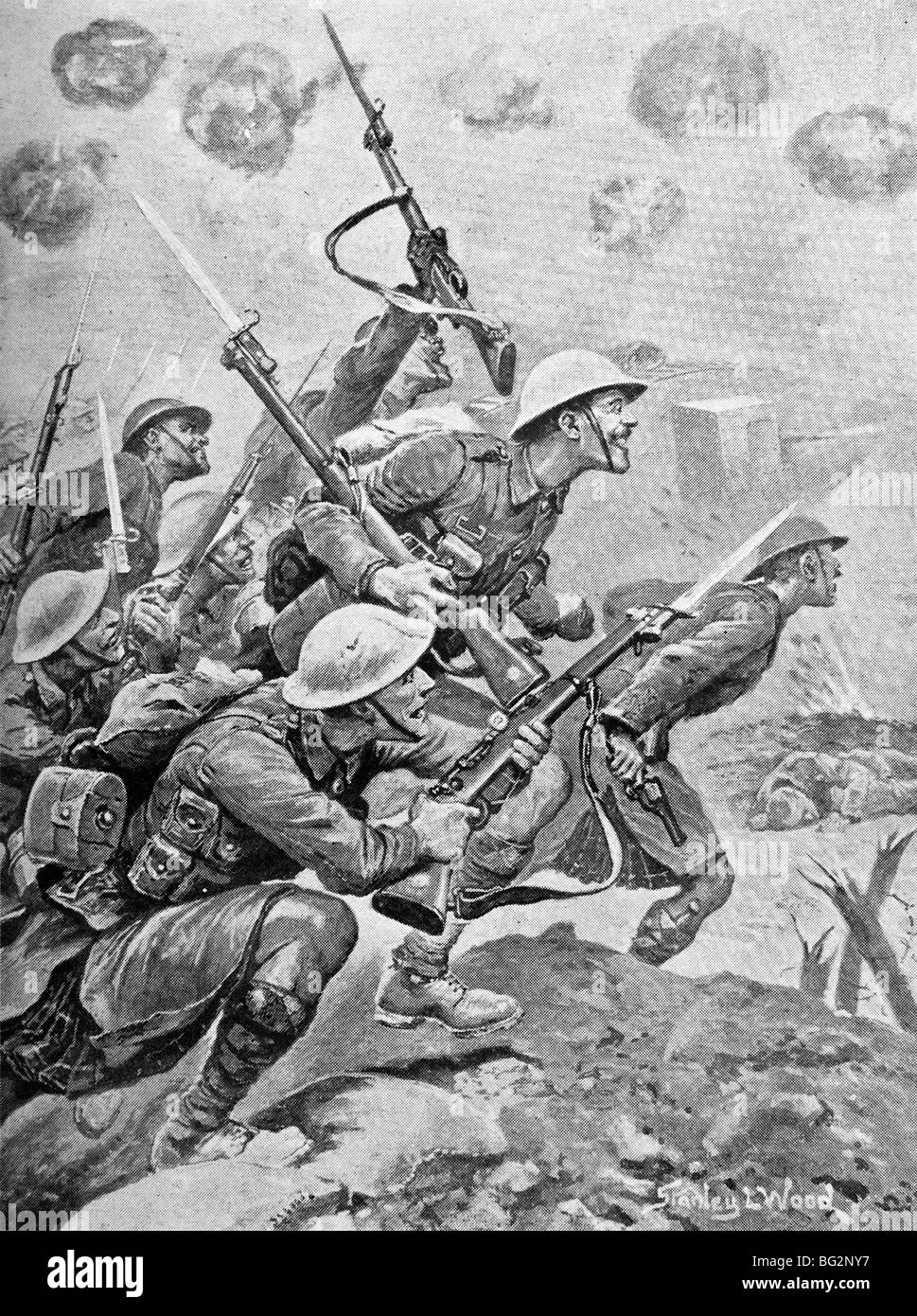 Contemporary WW1 illustration of Scottish troops going 'over the top' to attack enemy lines in France in 1917. Stock Photo
