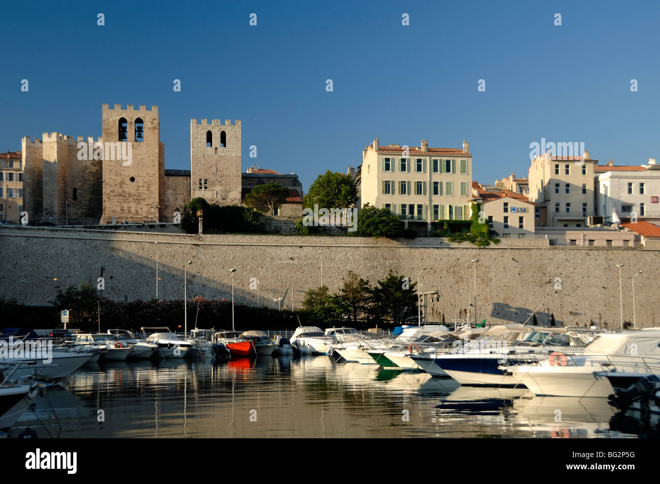 Fortified Saint Victor Church or St-Victor Basilca (built 1040) & Old Port or Marina, Marseille or Marseilles, Provence, France Stock Photo