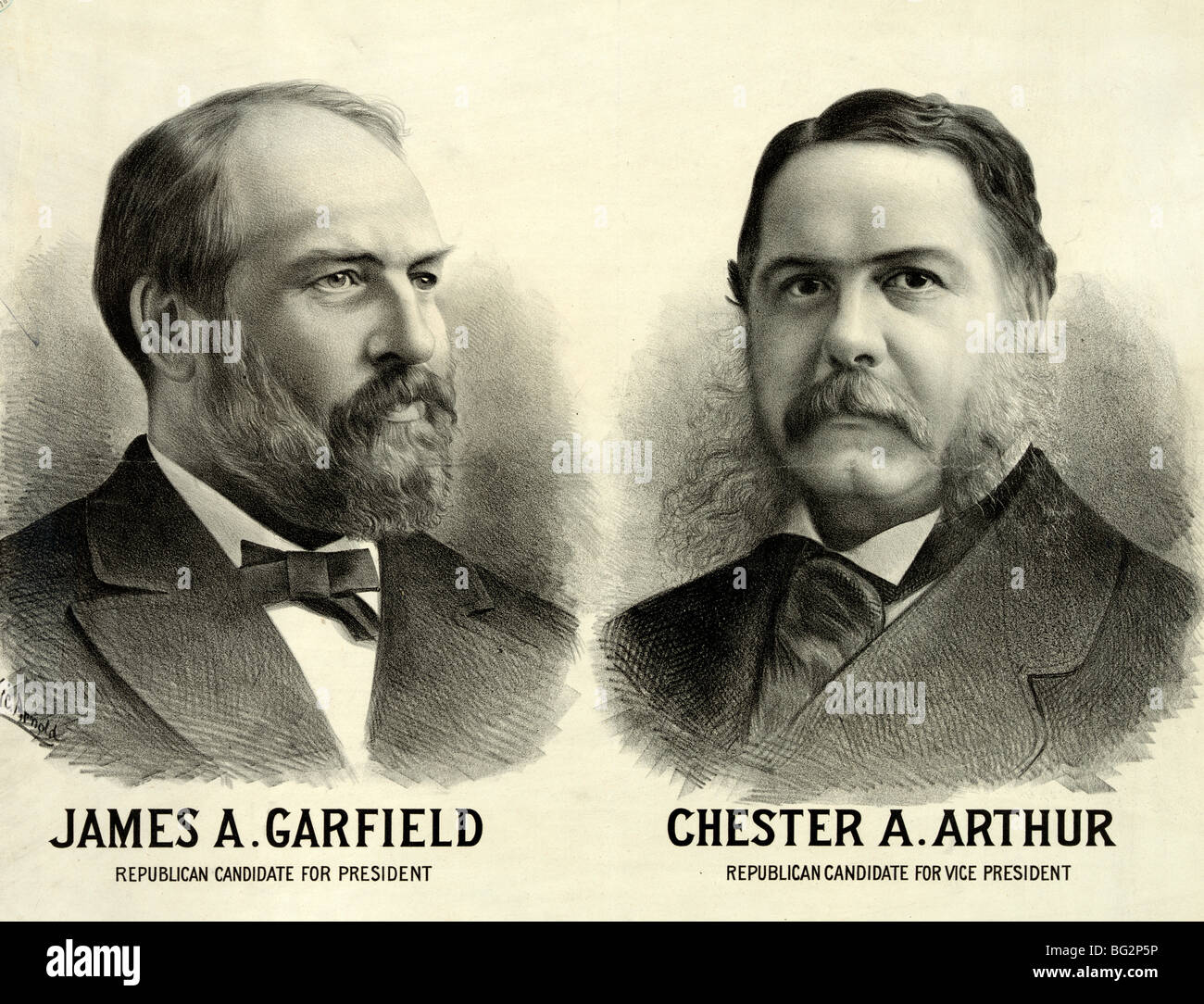 James A. Garfield, bust portrait,  and Chester A. Arthur, bust portrait, facing front, 1880 USA Presidential Election Stock Photo