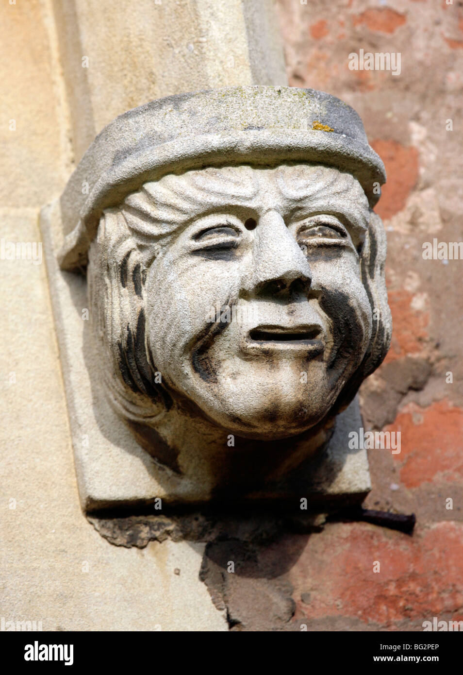 Carved Head Window Hood Mould Stop, Arrow Church, Warwickshire Stock Photo