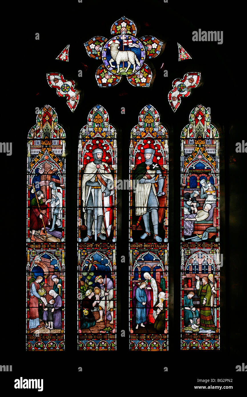 The West Stained Glass Window by Frederick Preedy, Knights Templar & Hospitaller, Church of St Andrew, Temple Grafton, Warwickshire Stock Photo