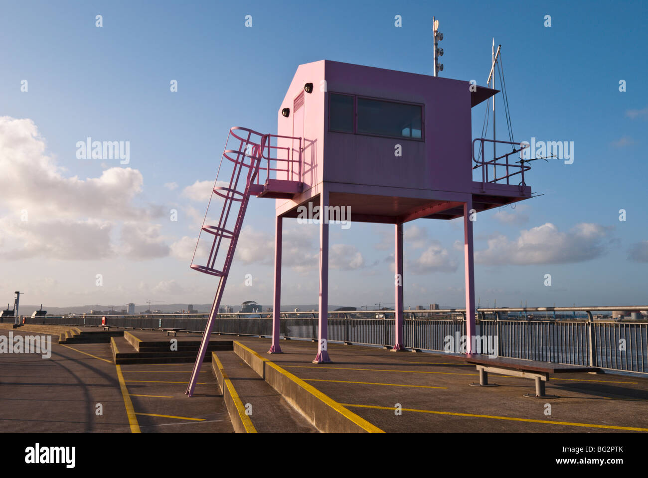 A pink watch tower at Cardiff Bay, Wales, Cardiff. Stock Photo
