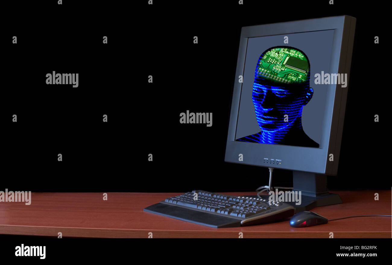 Concept image of a human head with a computer chip for a brain inside a computer monitor Stock Photo
