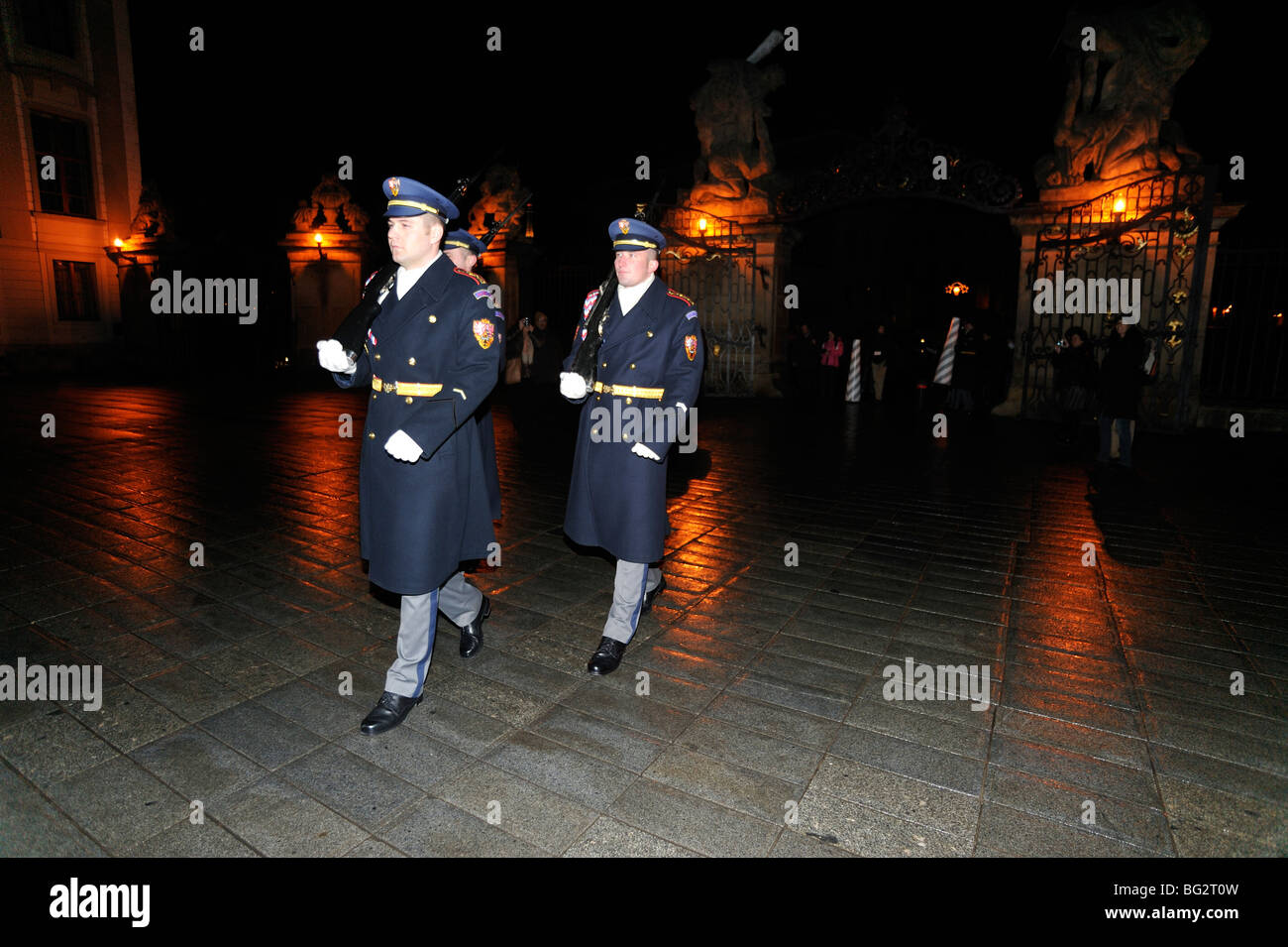 Prague Czech Republic, guard at the entrance of the Prague Castle at night Stock Photo
