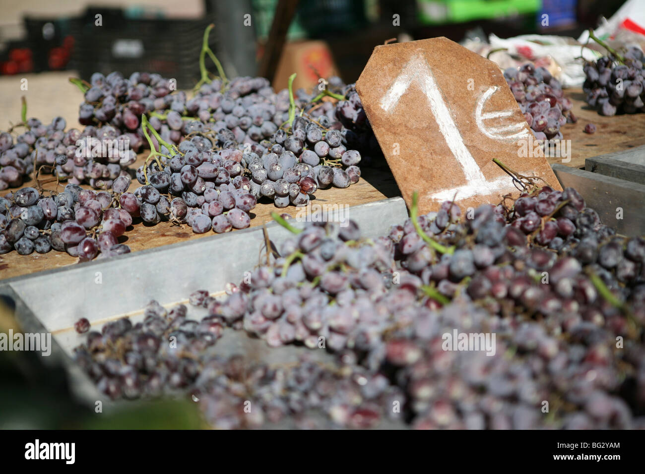 Fresh bunches of purple grapes for sale on a market stall in Spain, Europe, 1 Euro sign / Vitis vinifera Stock Photo
