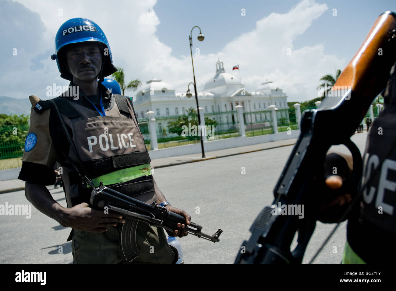The UN policemen from Nigeria guard the Presidential Palace in Port-au-Prince, Haiti. Stock Photo