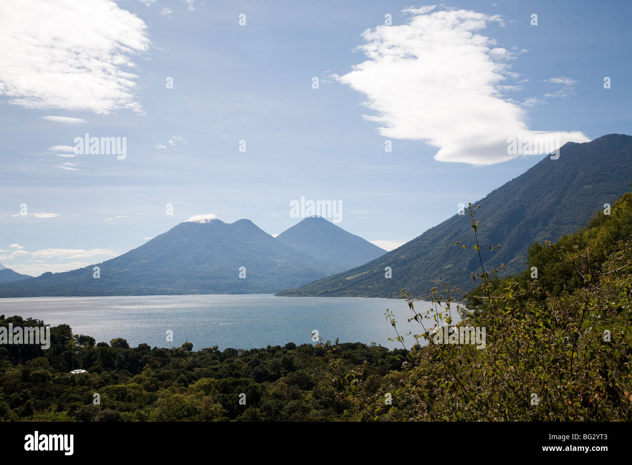 The Volcanos San Pedro Toliman and Atitlan at Lake Atitlan Guatemala. Stock Photo