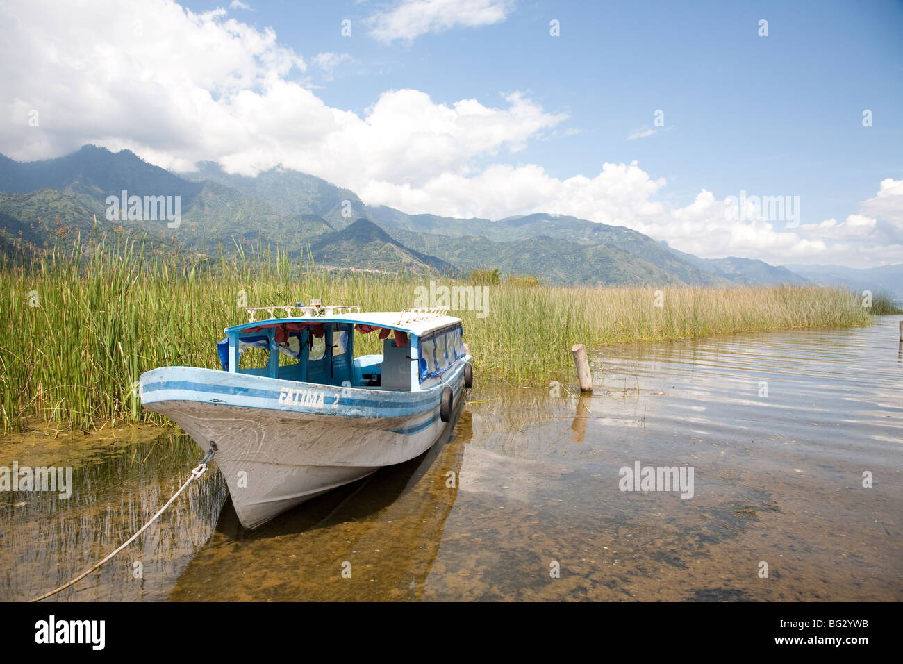 Mooring boat Lake Atitlan Guatemala. Stock Photo