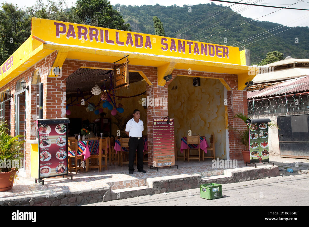 Parrillada Santander on Calle Santander Panajachel Lake Atitlan Guatemala. Stock Photo