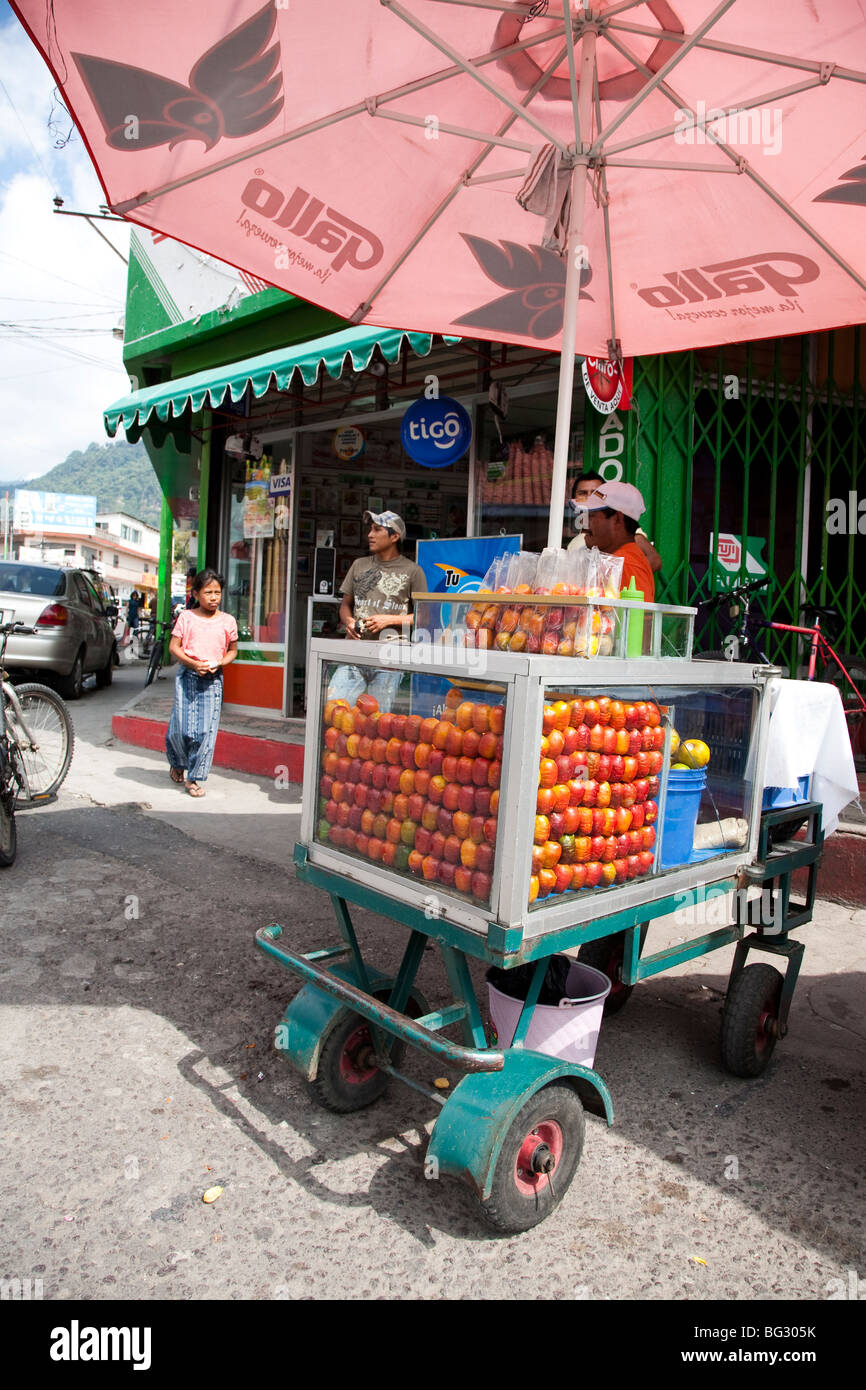 Palm fruits street vendor on Calle Santander Panajachel Lake Atitlan Guatemala. Stock Photo