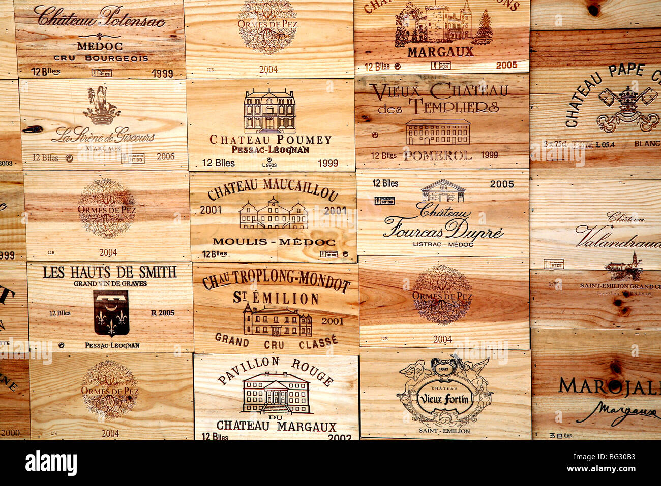 Cases of wine outside shop in SaintEmilion near Bordeaux, France Stock