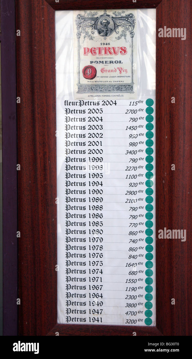 Price list in St Emilion, France for Chateau Petrus, one of the world's  most expensive wines Stock Photo - Alamy