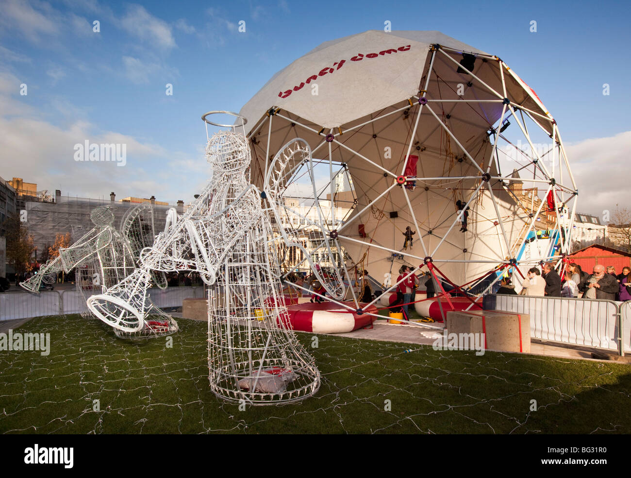 UK, England, Manchester, Piccadilly, Snow Gardens, Christmas event, illuminated angels at Bungy dome Stock Photo