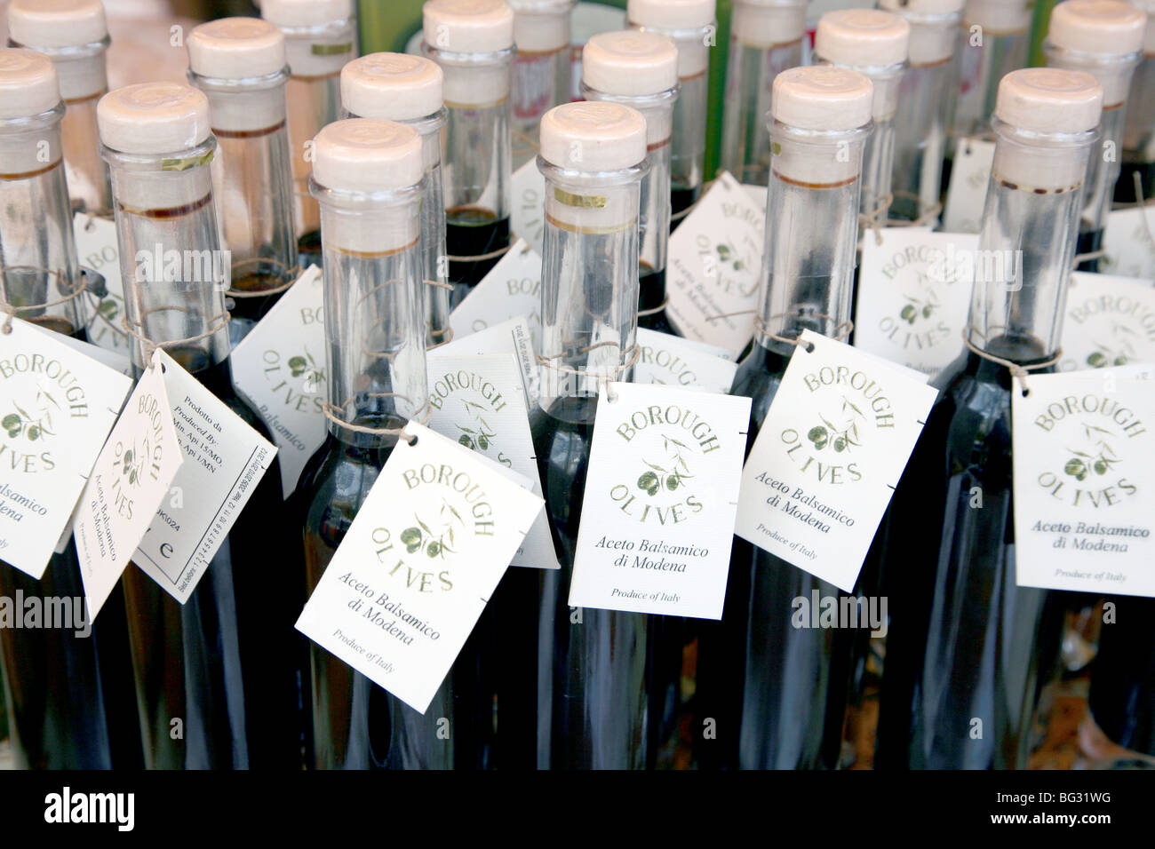 Bottles of balsamic vinegar in London market Stock Photo Alamy