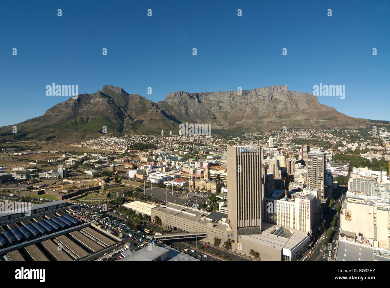 View of Table Mountain from high rise building Cape Town CBD Stock Photo