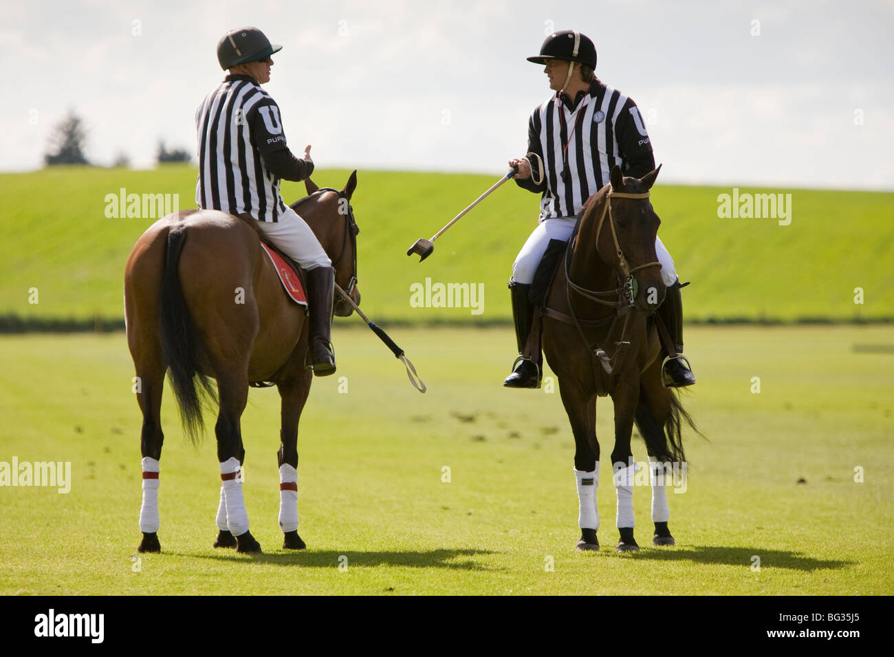 Two polo umpires chat during a break in play, Cowdray Park, West Sussex, England. Stock Photo