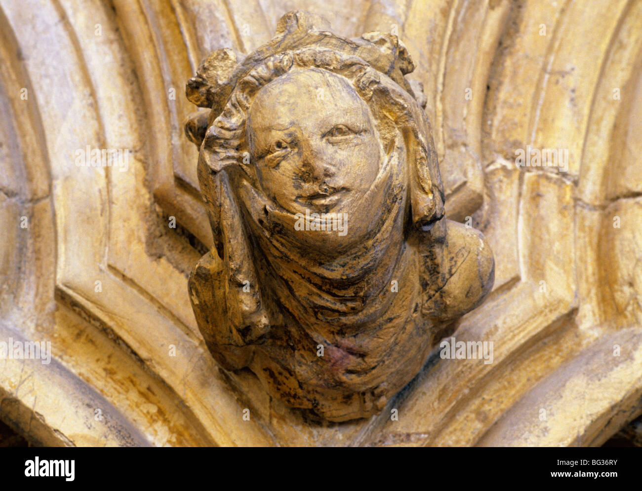 Beverley Minster, Yorkshire, Queen Isabella corbel head medieval stone