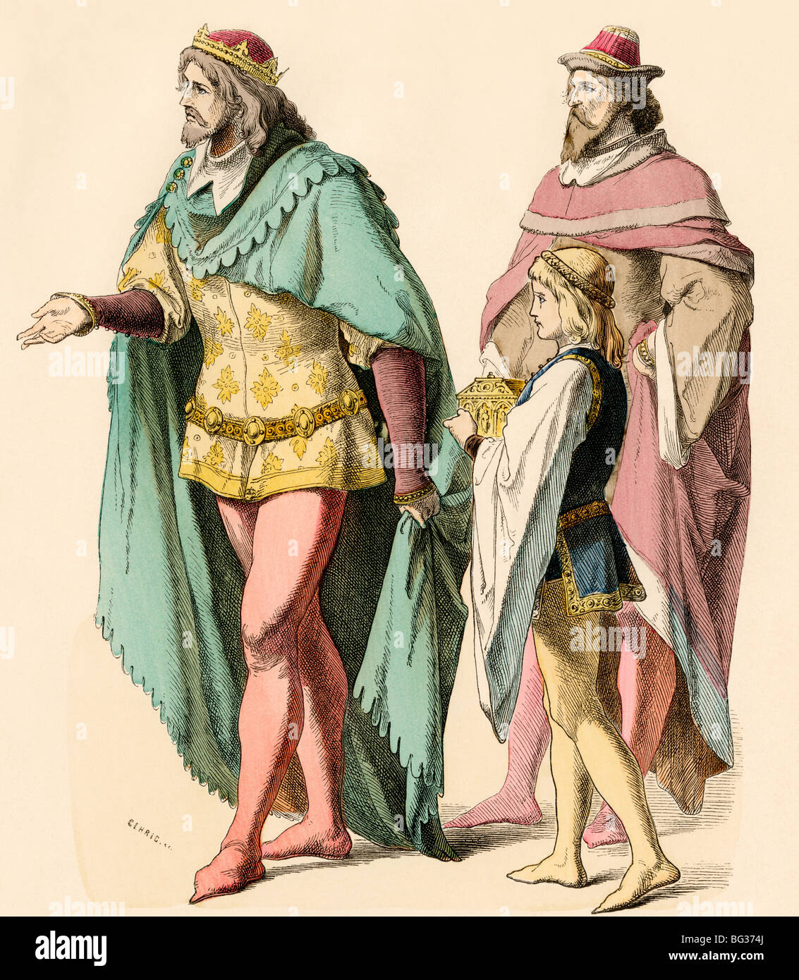 Prince, page, and a nobleman of the 14th century. Hand-colored print Stock Photo