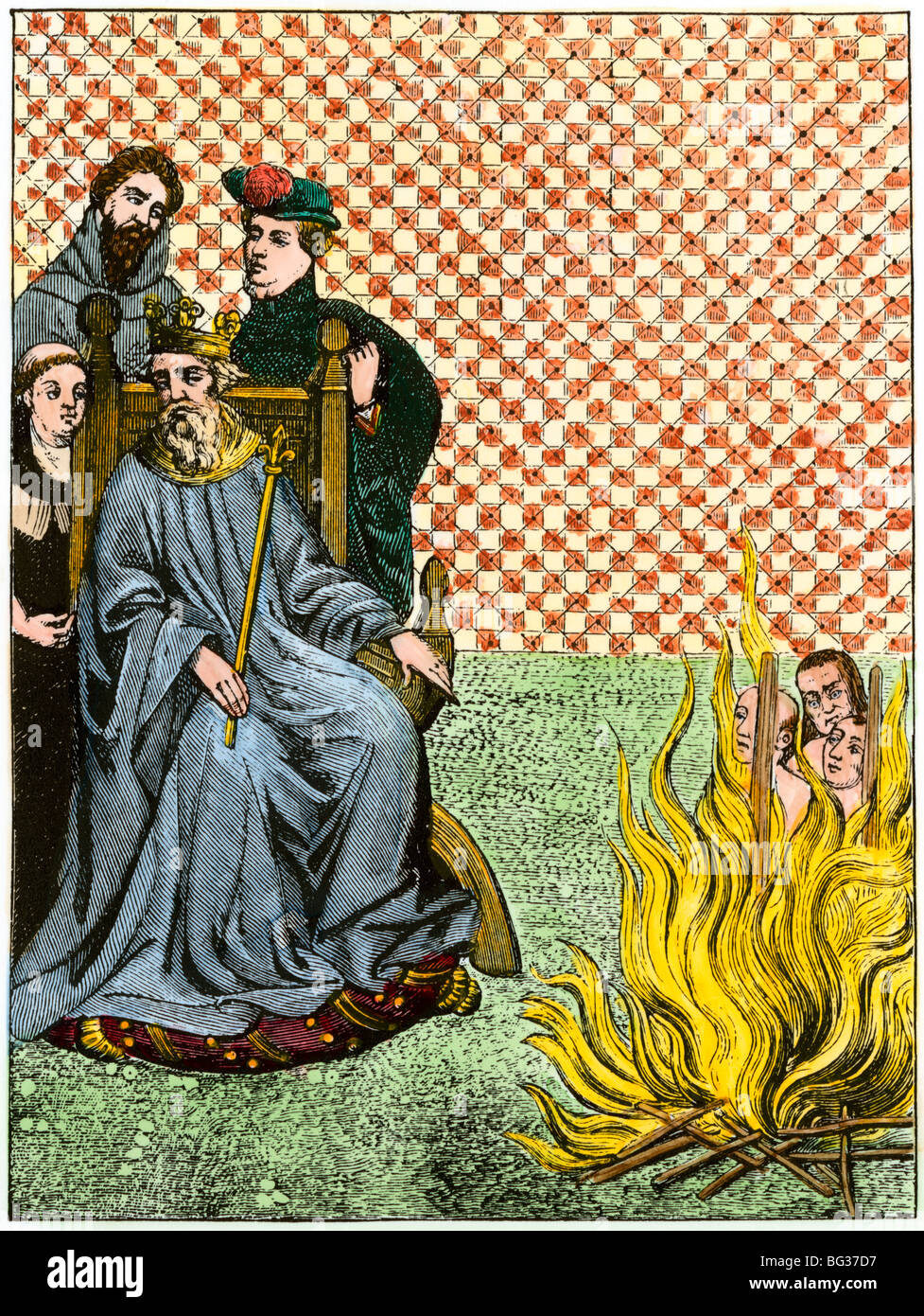 Amalric's followers burned as heretics by order of King Philippe II of France, early 1200s. Hand-colored woodcut Stock Photo