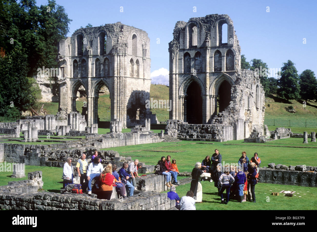 Roche Abbey, Yorkshire with visitors, English abbeys monasteries ruins ruined medieval Cistercian Order tourists tourism people Stock Photo